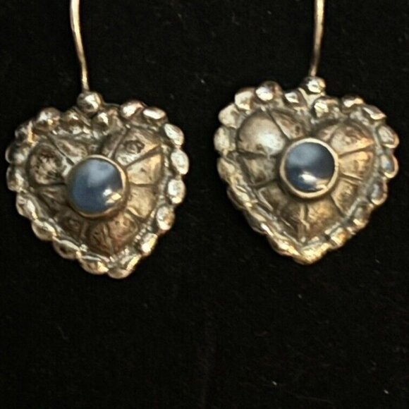 Southwestern 925 Silver Handmade Earrings Textured Heart & Rims Dangles Marked - Picture 2 of 6